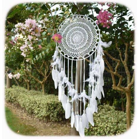 Großer Boho-Traumfänger, weiße Feder, Makramee-Wandbehang, Vintage-Hochzeit, Heimdekoration, 35 cm Kreis, 115 cm lang