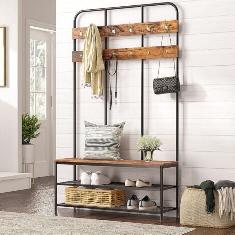 Großer Garderobenständer, Kleiderständer mit Schuhregal, Garderobe mit 12 Haken und Sitzfläche, Sitzbank, Viel Stauraum, für Flur, Schlafzimmer, Industriesti, 100 x 35,5 x 182 cm, HOOBRO EBF05MT01