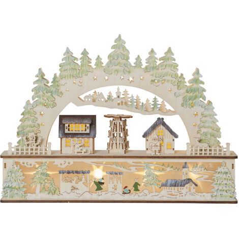 Großer LED Schwibbogen ,Bamberg' aus Holz mit Weihnachtsszenario, Batterien + Timer, natur, warmweiß, B 45cm