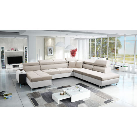 Großer multifunktionaler Eckschrank Morena X,  Kunstleder/Uttario Velvet Weiß/Beige Links