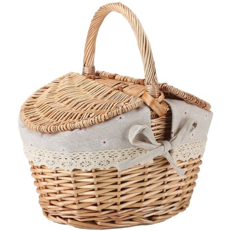 Großer Picknickkorb aus Rattan – Geräumiger Aufbewahrungskorb mit Doppeldeckel und Griff – 26 x 18 x 14 cm – Leinen-Baumwolle