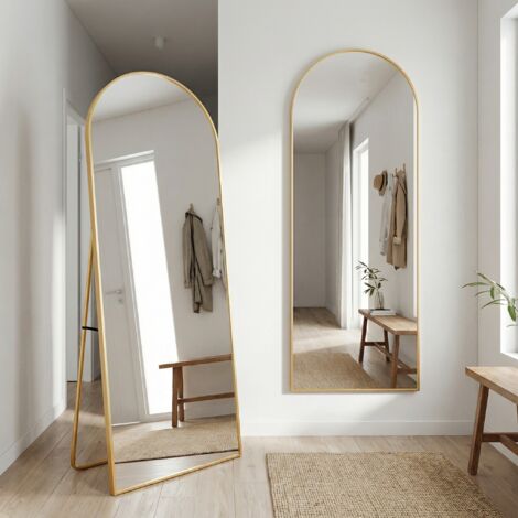 Großer Standspiegel 162x53cm, gewölbt, stehend/hängend, dünner Alurahmen & bruchsicheres HD-Glas, für Schlafzimmer/Flur, modern/skandinavisch(162x53cm, Gold)