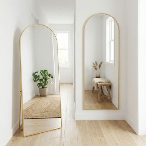 Großer Standspiegel 165x60cm, gewölbt, stehend/hängend, dünner Alurahmen & bruchsicheres HD-Glas, für Schlafzimmer/Flur, modern/skandinavisch(165x60cm, Gold)