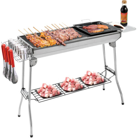 Großer, tragbarer Edelstahl-Grill mit Korb und Schneidebrett – werkzeuglos zusammenklappbar, Tragkraft: 75 kg