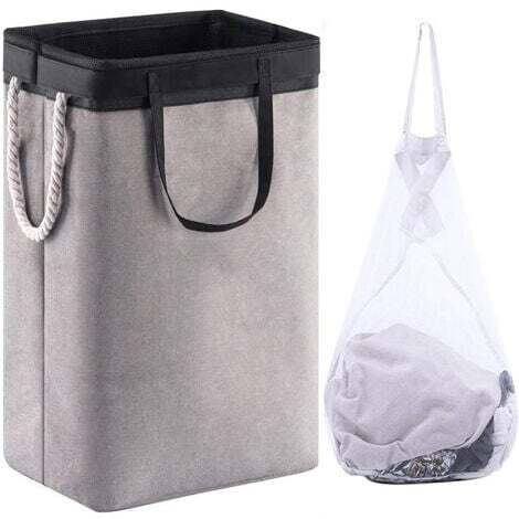 Großer Wäschekorb 60 x 41 x 31 cm, faltbarer Wäschesack mit Seilgriffen, Aufbewahrungskorb geeignet für Schlafzimmer, Waschküche, Badezimmer, Schwarz+Grau