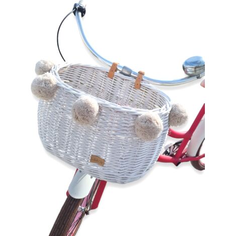 Großer weißer Weidenfahrradkorb mit Dumpy-Gurten und Pompons