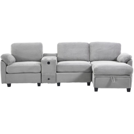 Großes Cord-Sofa mit Komfortschaum. Ausstattung: Abnehmbare Mittelkonsole (2 Cup-Halter + Stauraum), USB-C-Anschluss, Seitentasche, Stauschublade, beweglicher Stau-Ottoman. Für Komfort und Funktion.