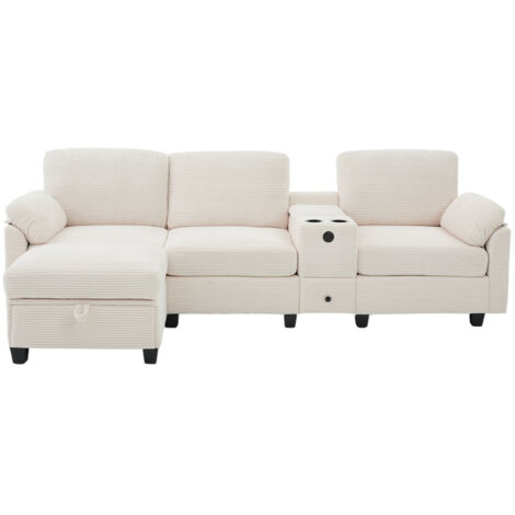 Großes Cord-Sofa mit Komfortschaum. Ausstattung: Abnehmbare Mittelkonsole (2 Cup-Halter + Stauraum), USB-C-Anschluss, Seitentasche, Stauschublade, beweglicher Stau-Ottoman. Für Komfort und Funktion.