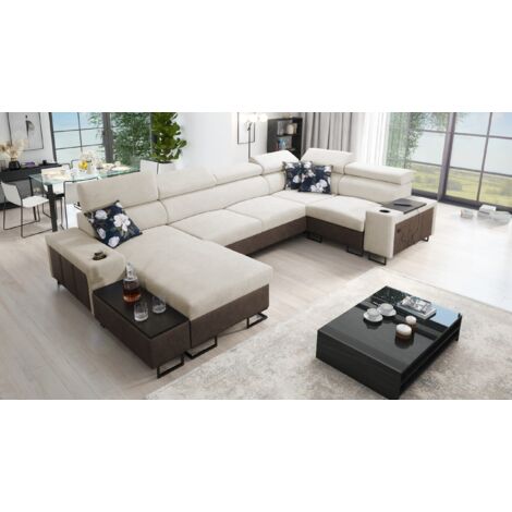 Großes Ecksofa für das Wohnzimmer mit Bar und Schlaffunktion MELODY IV MINI Tauro/Freya Braun/Beige
