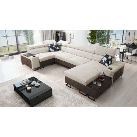 Großes Ecksofa für das Wohnzimmer,  Schlaffunktion MELODY IV MAXI Tauro/Freya Braun/Beige Rechts