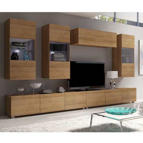 Großes Wohnwand Set mit LED Beleuchtung in Eiche Gold Nb. CAIRNS-132, B/H/T ca. 300/200/43 cm