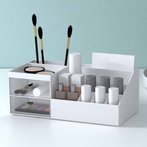 Großzügiger Make-up-Organizer, multifunktionale Kosmetikbox mit transparenten Fächern, ABS/PS-Einsatz, elfenbeinweiß