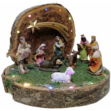 Grotta su tronco di natale con pastori luci natività sacra famiglia presepe casa addobbi Capanna decorazioni albero idea regalo - decoro: Capanna con luci stella e natività
