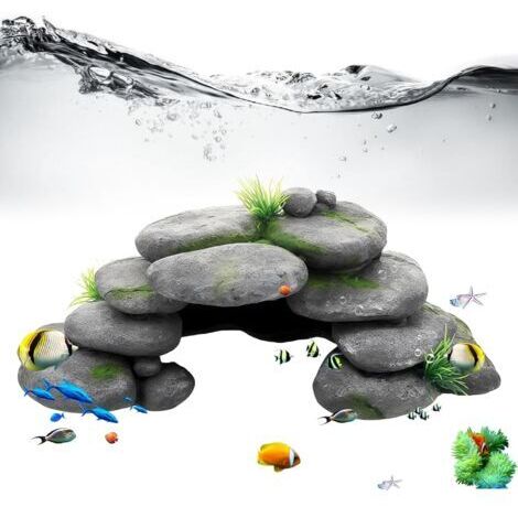 Grotte d'aquarium : grotte décorative d'aquarium avec herbe verte, grotte rocheuse Rock Cave Décoration Pierres, tortues Accessoires pour reptiles, cachette en résine haute montagne, pour
