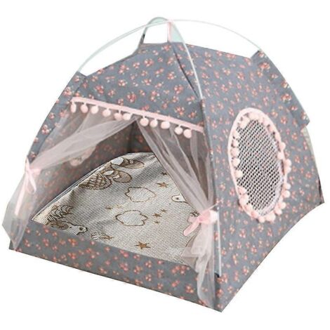 Grotte-lit tente pour chats XL, motif floral rose sur gris, maison intérieure facile à assembler, adaptée aux petits et grands chats.