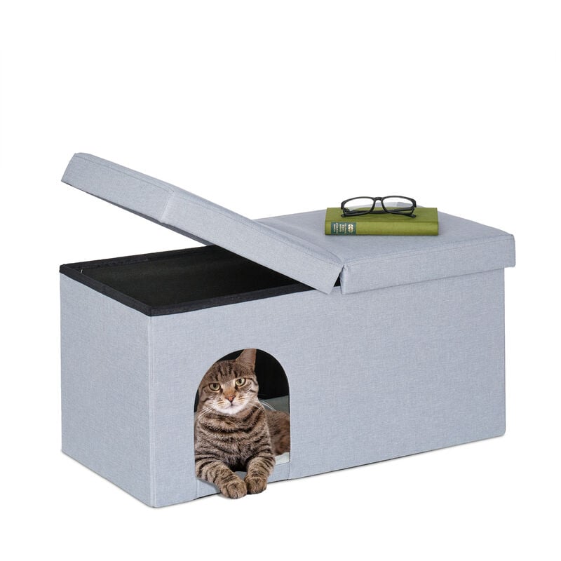 Relaxdays Grotte pour chat pratique, banc robuste, cachette, H x L x P : env. 38,5 x 74,5 x 37 cm, intérieur, grise