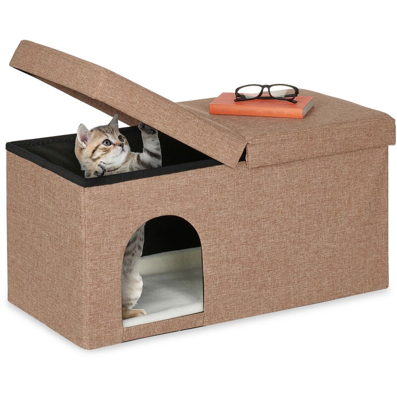 Grotte pour chat pratique, banc robuste, cachette, h x l x p : env. 38,5 x 74,5 x 37 cm, intérieur, marron - Relaxdays