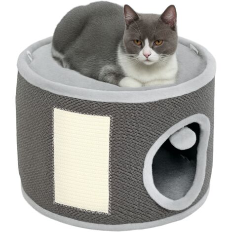 Grotte pour chats, 2 étages, niche pour chats, peluche, coussin, griffoir en sisal, Φ40 x 30 cm, gris foncé