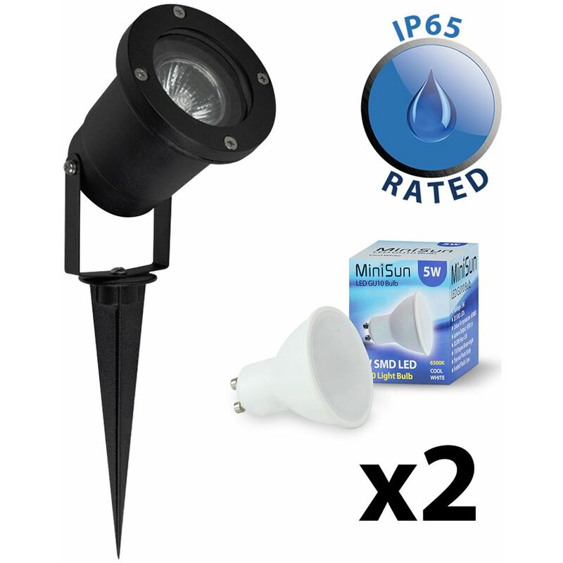 Ground Spike Wall Mount IP65 Outdoor Light Black LED GU10 Bulb Cool White - Pack of 2