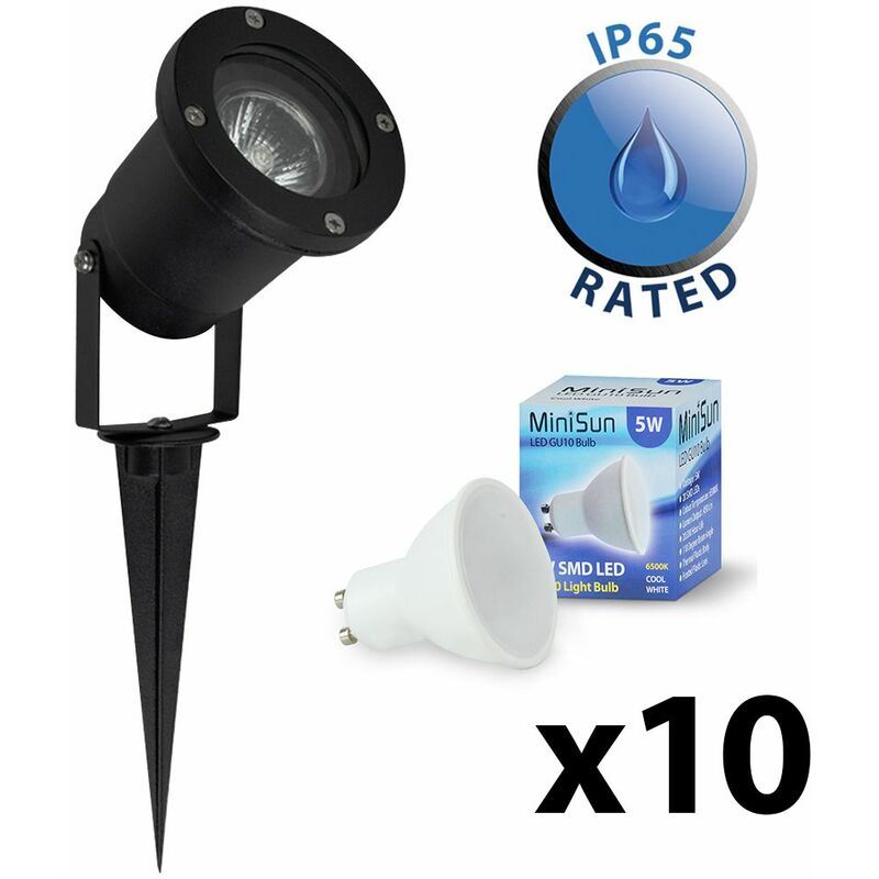 Ground Spike Wall Mount IP65 Outdoor Light Black LED GU10 Bulb Cool White - Pack of 10