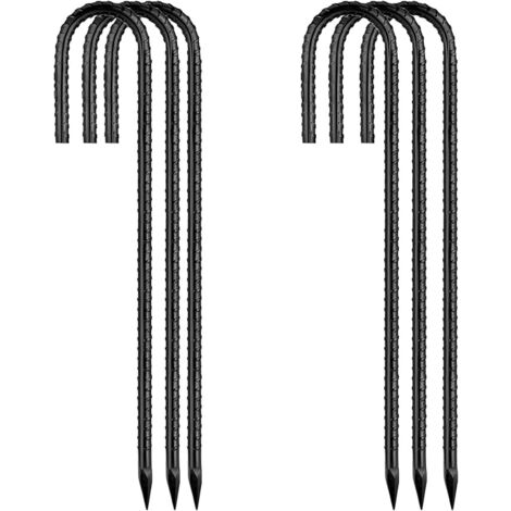 Ground-Stakes-Heavy-Duty-12 inch, J-Hook Rebar Stakes Black Coated Anti-Rust 6pcs Garden Stakes Metal Ground Anchors for Garden Dog Fence Chicken Coop Christmas Decorations Deer Fence