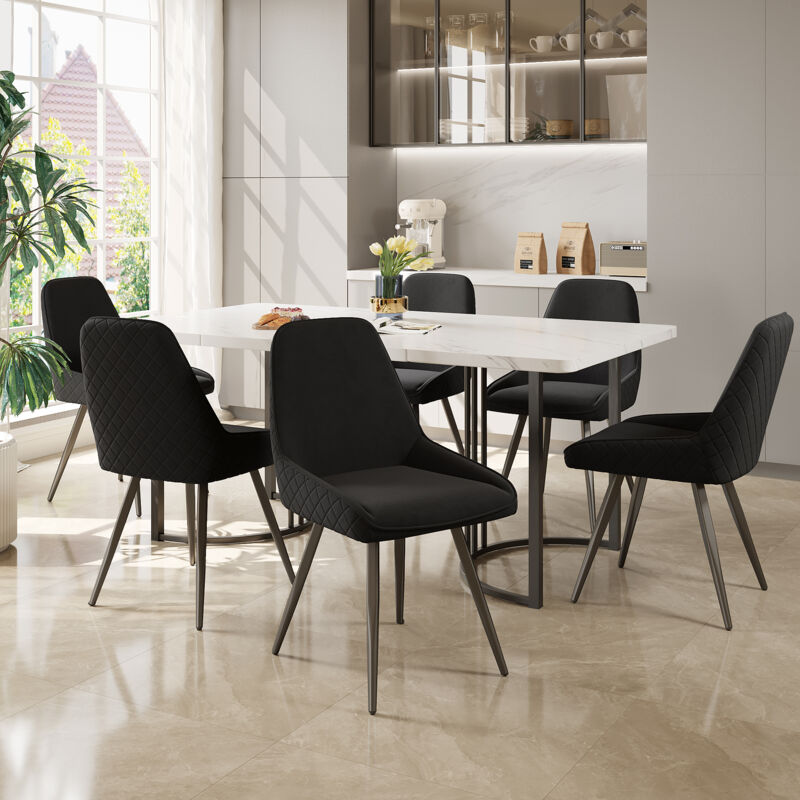 Groupe de salle à manger (7 pièces), table à manger 140x80cm avec 6 chaises, ensemble de table de cuisine moderne, plateau de table en mdf blanc,