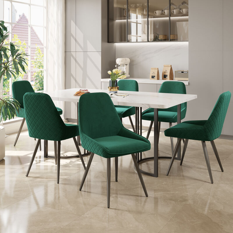 Groupe de salle à manger (7 pièces), table à manger 140x80cm avec 6 chaises, ensemble de table de cuisine moderne, plateau de table en mdf blanc,