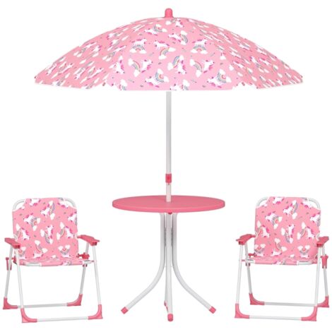 Groupe assise pour enfants,ensemble de sièges enfants en 4 pièces avec parasol amovible,table pour enfants avec 2 chaises pliantes,rose