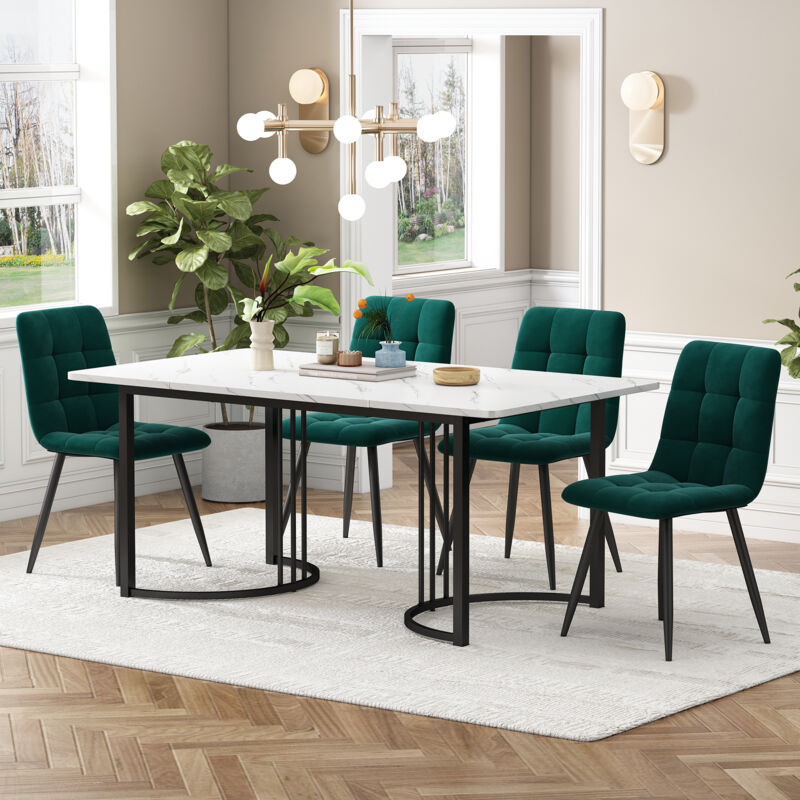 Ensemble table à manger (5 PCS), table 140×80x75 cm avec 4 chaises à manger en velours vert, pieds en métal noir, plateau en MDF blanc