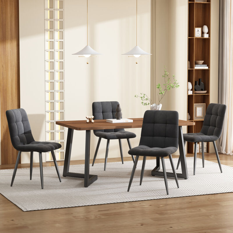 Ensemble table à manger (5 pcs), table 117×68x75 cm avec 4 chaises à manger en velours gris, pieds en métal noir, plateau en mdf marron