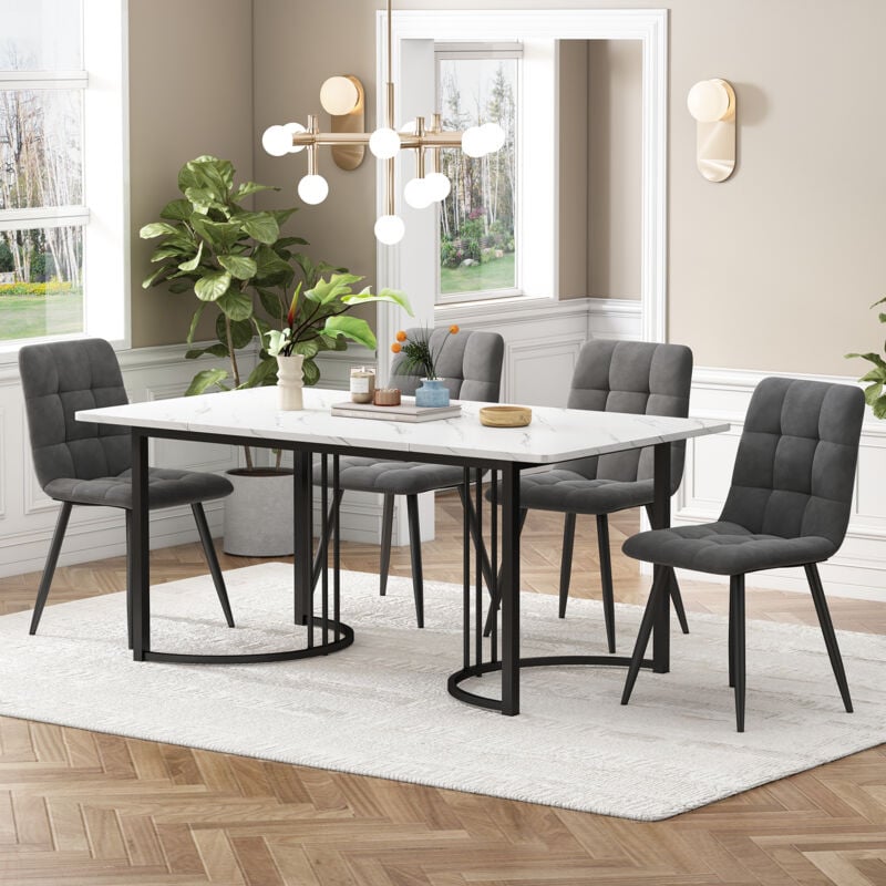 Ensemble table à manger (5 pcs), table 140×80x75 cm avec 4 chaises à manger en velours gris, pieds en métal noir, plateau en mdf blanc