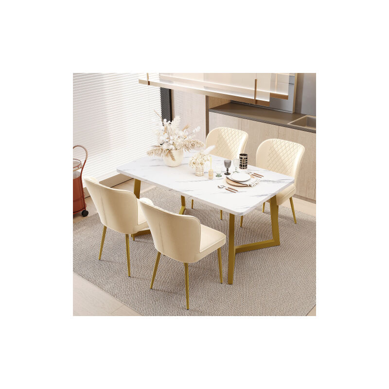 Ensemble de table à manger, table à manger 117x68x75 cm avec 4 chaises en velours beige, pour la cuisine et salle à manger