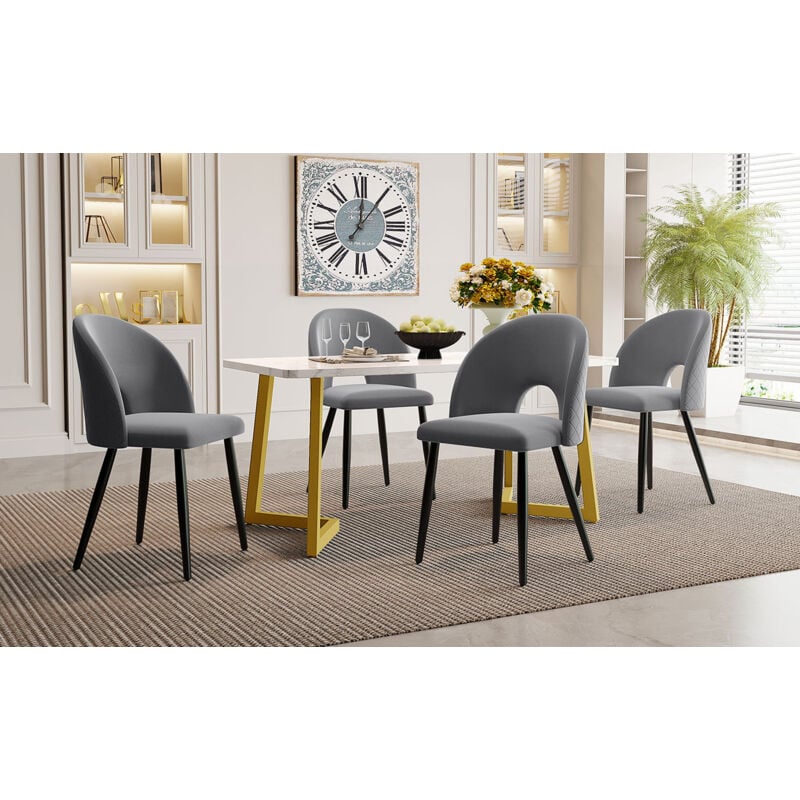 Ensemble table et chaises, table à manger 117 x 68 cm avec 4 chaises, table à manger rectangulaire, velours, (gris, pieds de table dorés)