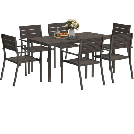 Groupe sièges ensemble salle manger 7 pièces 6 personnes table manger 6 chaises fentes marron foncé