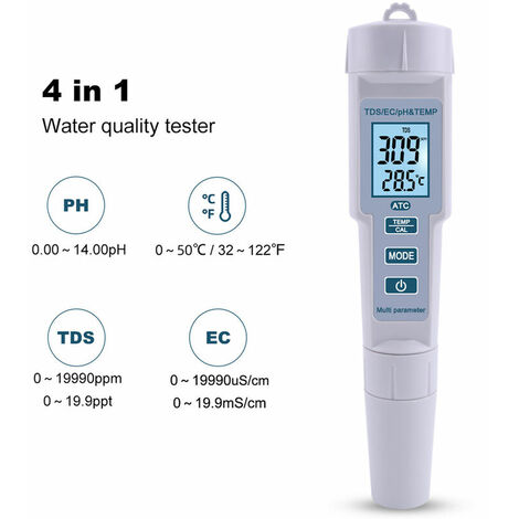 GroupM Stylo de test 4 en 1 pH/EC/TDS/température Stylo de test de qualité de l'eau de conductivité