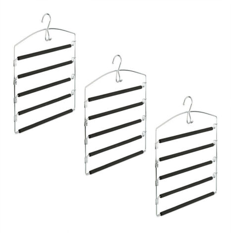 Gruccia multi-gruccia in metallo per pantaloni e gonne, antiscivolo, set da 3, A x L x P44,5 x 37 x 2,7 cm, argento/nero