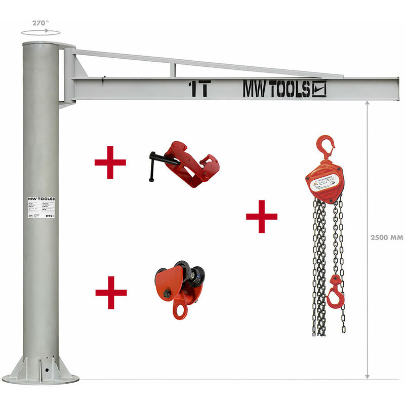 Mw Tools - Grue pivotante à colonne fixe 1 t Palan manuel à chaîne 1 t KZK100SET1