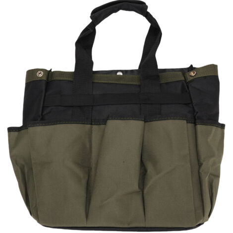 Grüne Gartengerätetasche aus 600D Oxford-Gewebe, spritzwassergeschützt, PE-Bodenplatte, mit mehreren Taschen und Fächern für den Außenbereich.