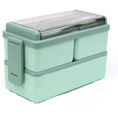 Grüne Lunchbox, 1400 ml Bento-Box mit 3 Fächern und Besteck, mikrowellengeeignet