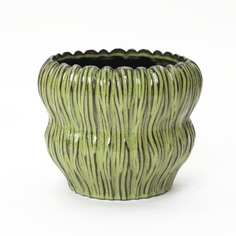 Grüner Keramik-Blumentopf mit gewellter Rillenstruktur und Abflussloch, 26 cm Durchmesser, 24,5 cm Höhe, 4,37 kg, langlebig und ideal für Innen- und Außenpflanzen