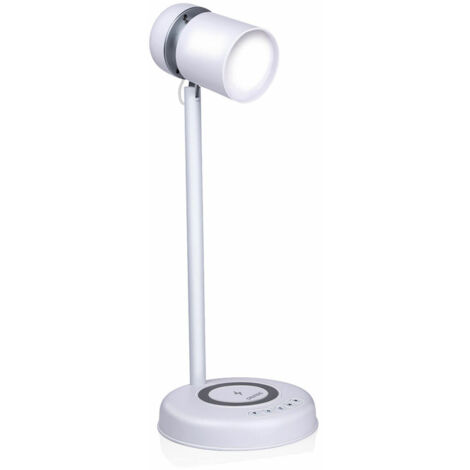 GRUNDIG Lampada desktop LED 3 en 1 - tecnologia Qi - Caricabatterie wireless per cellulari - Altavoz Bluetooth - 4 gambe - White