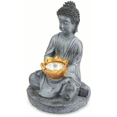 LED Solar Buddha Außen Leuchte Asia Figur Garten Beleuchtung Feng Shui Terrassen Skulptur Lampe grau 