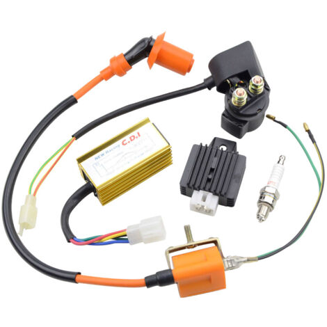 Grundkomponentensatz für Zünd- und Ladesysteme von 110-cm³-Motocross-/Quad-Bikes  Beinhaltet Zündspule, CDI, Relais, Zündkerzen und Gleichrichter 
