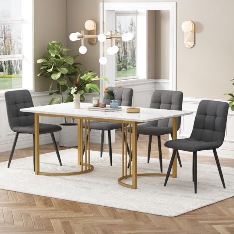 Gruppo da pranzo (5 pezzi), set tavolo da pranzo con 4 sedie, set tavolo da cucina moderno, tavolo da cucina 140x80 cm con gambe in metallo dorato, piano in MDF bianco, sedie da pranzo in lino grigio 