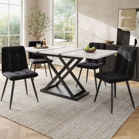 Gruppo da pranzo (5 pezzi), set tavolo da pranzo estensibile per 4 persone, tavolo da pranzo 160x80x75cm con 4 sedie, sedie da pranzo in velluto nero, tavolo da pranzo in marmo bianco