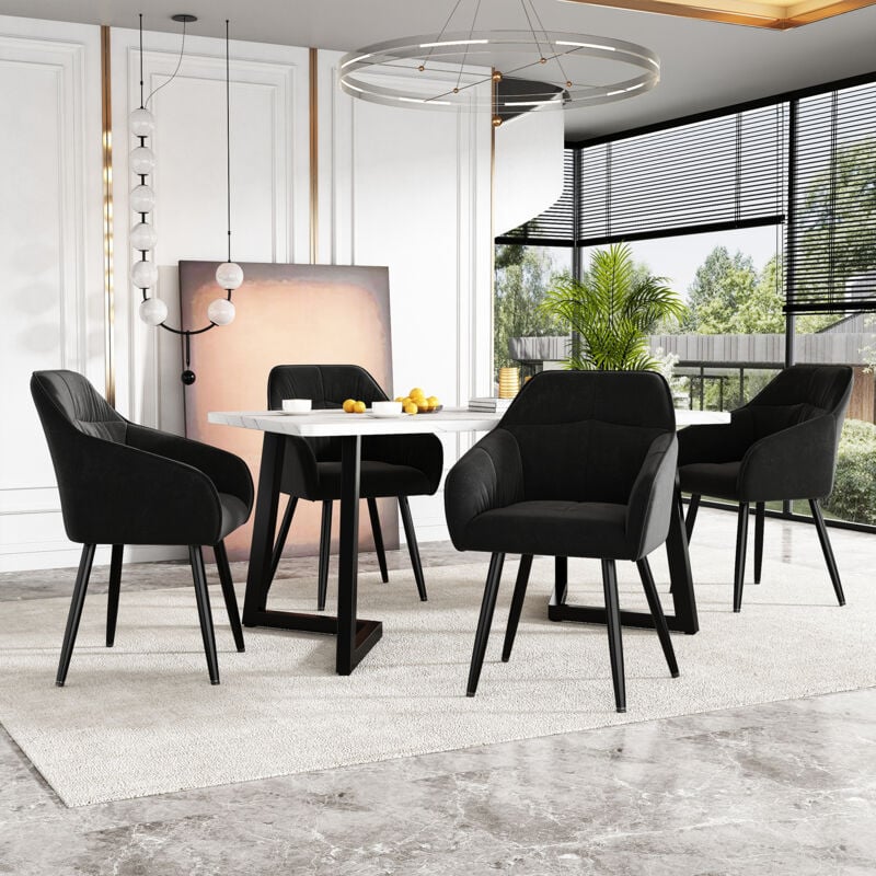 Image of Gruppo da pranzo (set, tavolo da pranzo 117 × 68 × 75 cm con 4 sedie), set tavolo da cucina moderno, sedie da pranzo in velluto nero, sedia di design