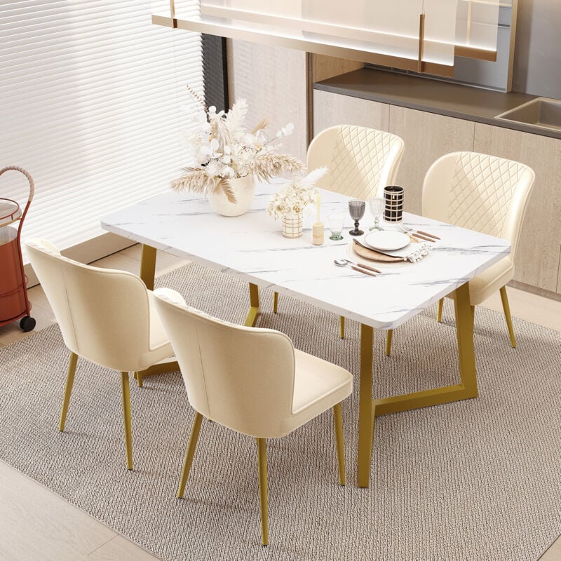Image of Gruppo da pranzo (set, tavolo da pranzo 117 × 68 × 75 cm con 4 sedie), set tavolo da cucina moderno, sedie da pranzo in velluto beige, sedia di