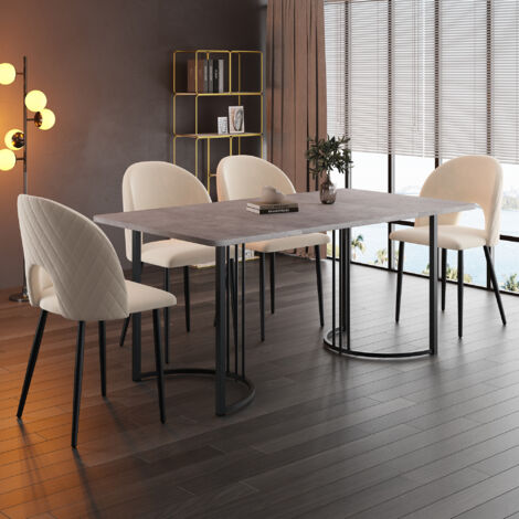 Gruppo da pranzo (set, tavolo da pranzo 140 × 80 cm con 4 sedie), set tavolo da cucina moderno, sedia da pranzo in velluto con motivo a rombi, gambe della sedia regolabili, velluto beige, piano tavolo
