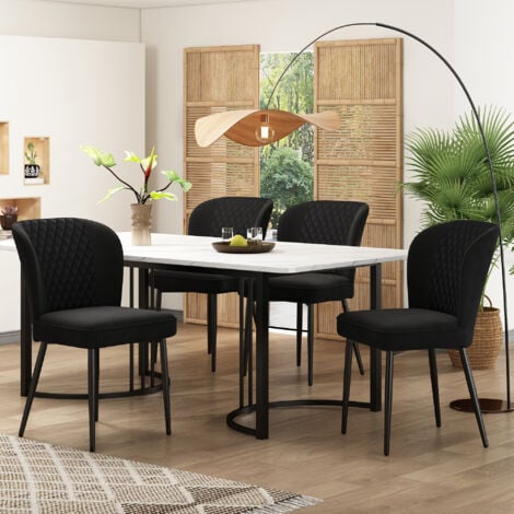 Gruppo da pranzo (set, tavolo da pranzo 140×80×75 cm con 4 sedie), set tavolo da cucina moderno, sedie da pranzo in velluto nero, sedia di design imbottita con schienale, piano tavolo in MDF bianco, g