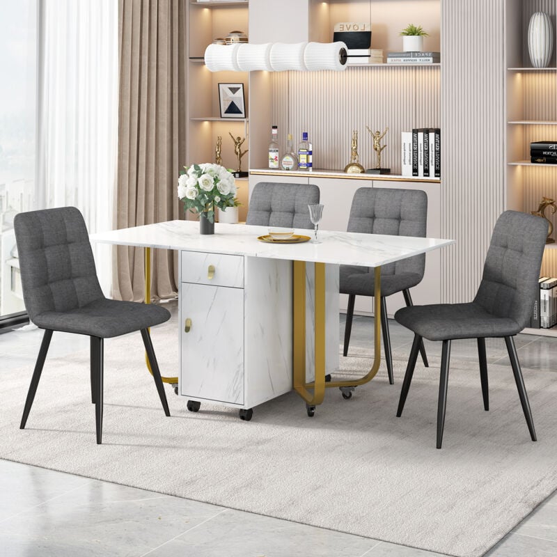 Image of Gruppo da pranzo (set, tavolo da pranzo 150 × 80 × 76 cm con 4 sedie), set tavolo da cucina pieghevole, sedia da pranzo in lino, sedia di design